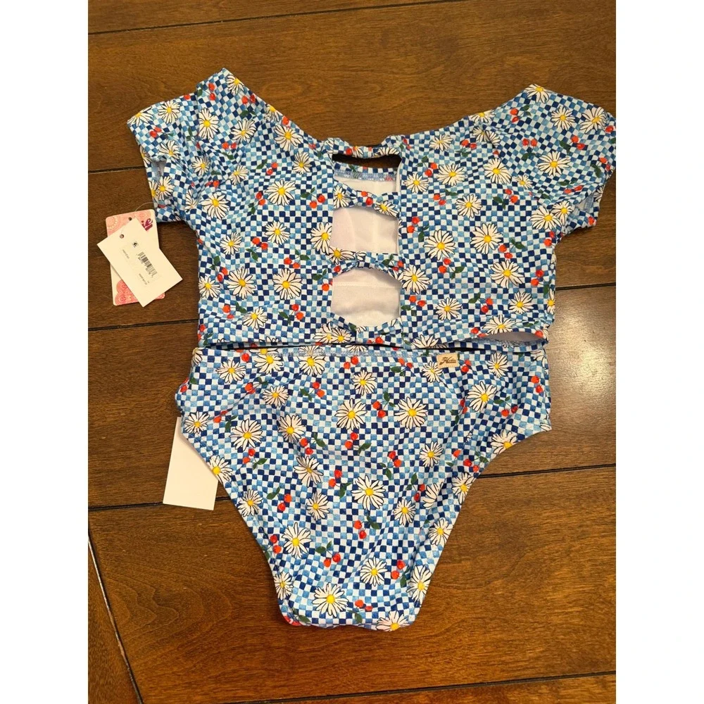 Hobie Girls Blue Checkered Daisy Cherry 2 Piece Swimsuit Set Size 14 HG3YZ19G